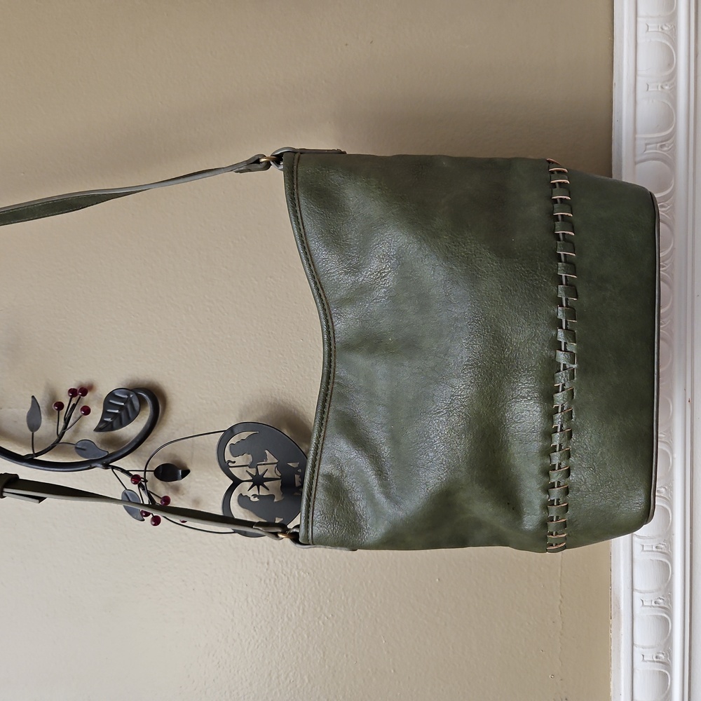 Sonoma Olive Green Woven-Trim Leather Shoulder Bag